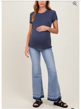 Light Blue Distressed Release Hem Flare Maternity Jeans